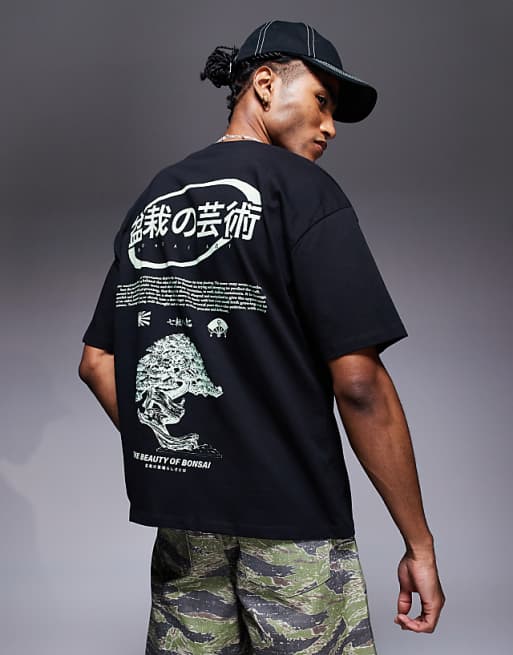 DESIGN oversized t-shirt with bonsai graphic in black