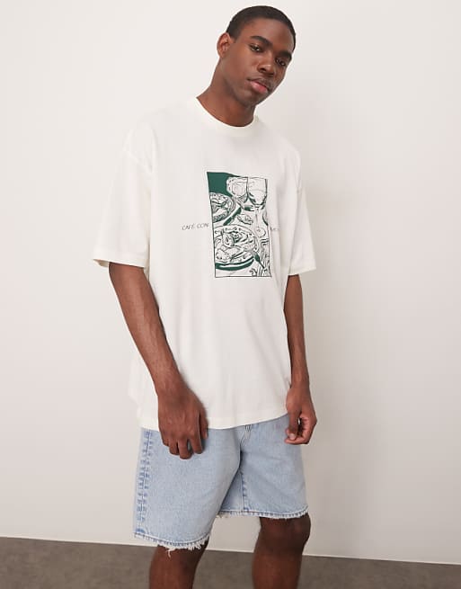 DESIGN oversized t-shirt with cafe graphic in cream