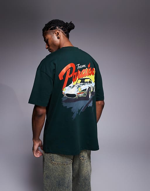 DESIGN oversized t-shirt with car graphic in dark green