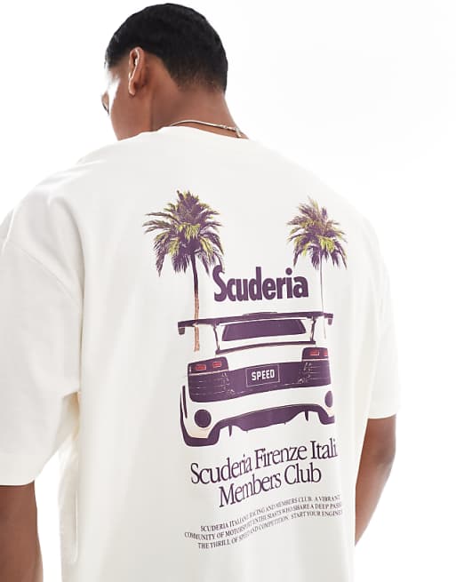 DESIGN oversized t-shirt with car graphic in cream