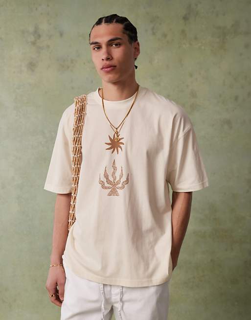 DESIGN oversized t-shirt with celestial graphic in cream