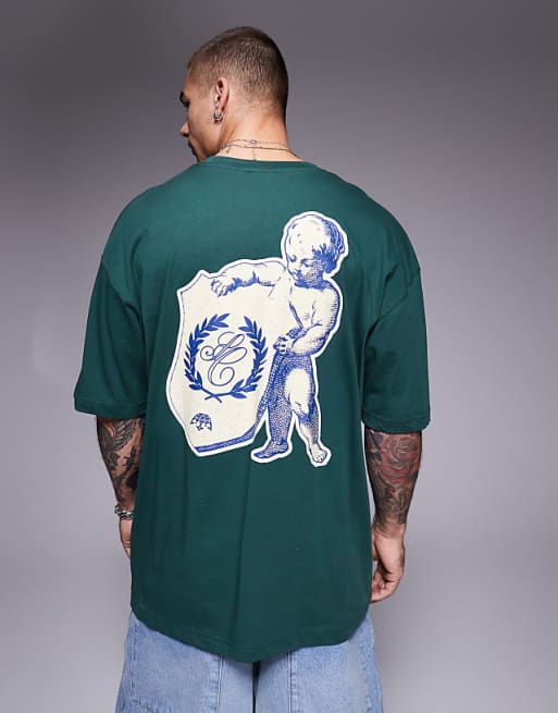 DESIGN oversized t-shirt with cherub graphic in green