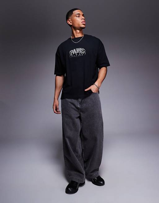DESIGN Oversized T-shirt With City Chest Embroidery In Black