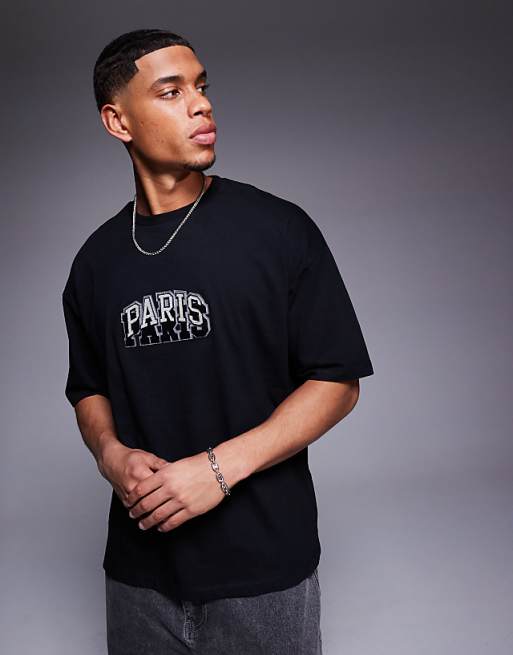 DESIGN oversized t-shirt with city chest embroidery in black