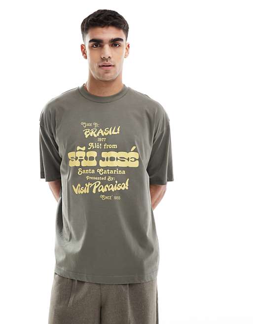 DESIGN oversized t-shirt with city graphic in khaki