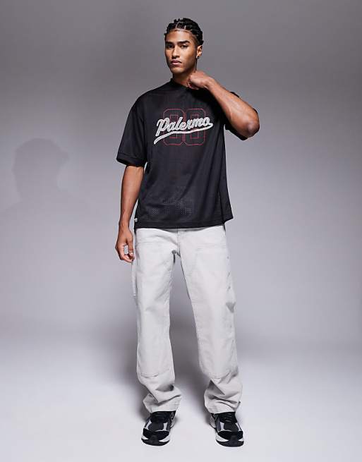 DESIGN Oversized T-shirt With Cut And Sew And High Build Sports Graphic In Black Sports Mesh