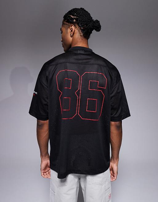 DESIGN Oversized T-shirt With Cut And Sew And High Build Sports Graphic In Black Sports Mesh