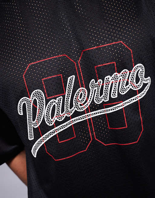 DESIGN Oversized T-shirt With Cut And Sew And High Build Sports Graphic In Black Sports Mesh