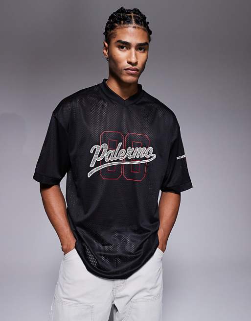 DESIGN oversized t-shirt with cut and sew and high build sports graphic in black sports mesh