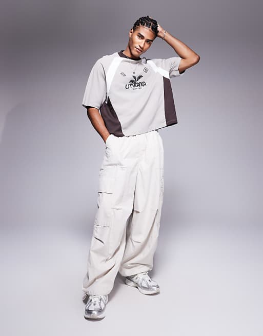 DESIGN Oversized T-shirt With Cut And Sew Tee And Sports Graphic In Grey