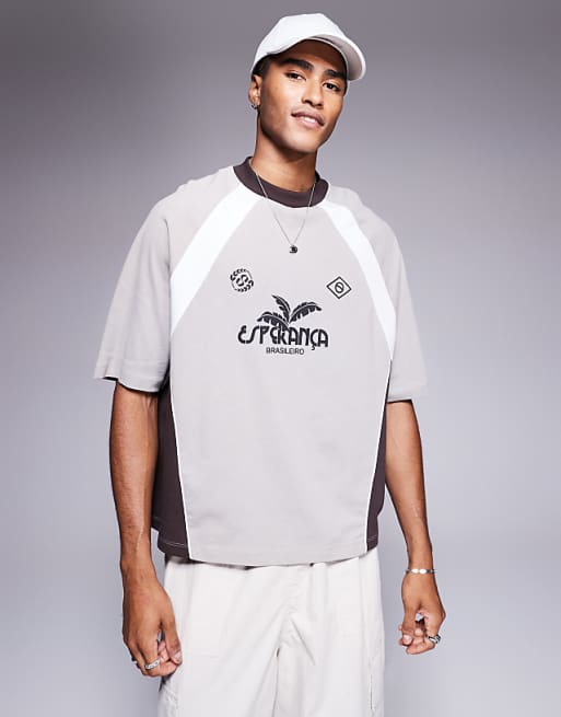 DESIGN oversized t-shirt with cut and sew tee and sports graphic in grey