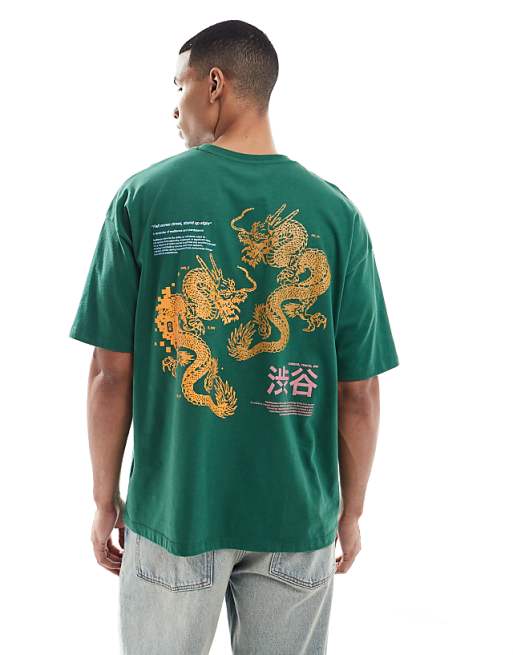 DESIGN oversized t-shirt with dragon graphic in green
