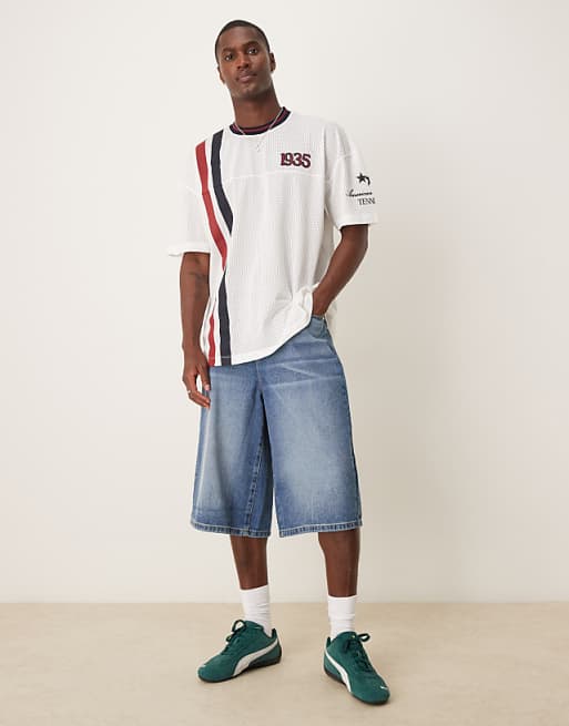 DESIGN Oversized T-shirt With Dropped Shoulder And Sports Graphic In White Airtex