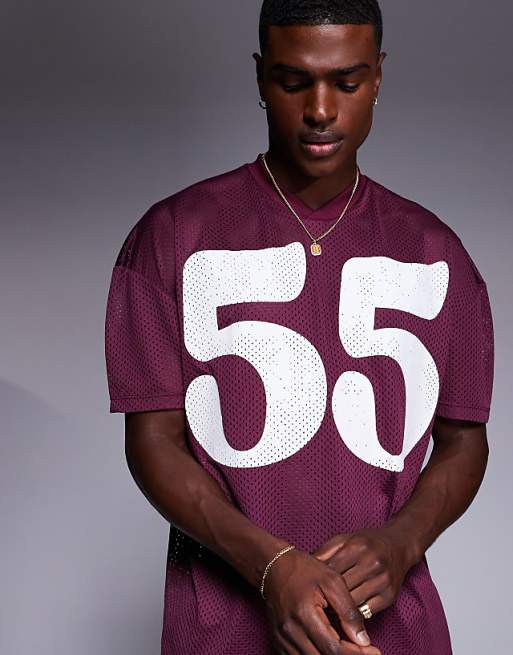 DESIGN oversized t-shirt with dropped shoulder and sports graphic in burgundy mesh