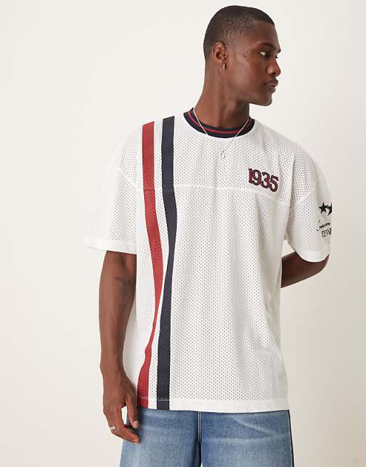 DESIGN oversized t-shirt with dropped shoulder and sports graphic in white airtex