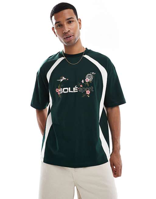 DESIGN Oversized T-shirt With Floral Sport Graphic And Contrast Panels In Dark Green