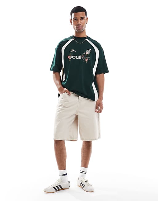 DESIGN Oversized T-shirt With Floral Sport Graphic And Contrast Panels In Dark Green