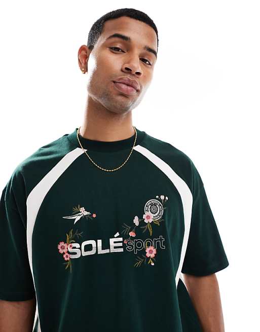 DESIGN oversized t-shirt with floral sport graphic and contrast panels in dark green