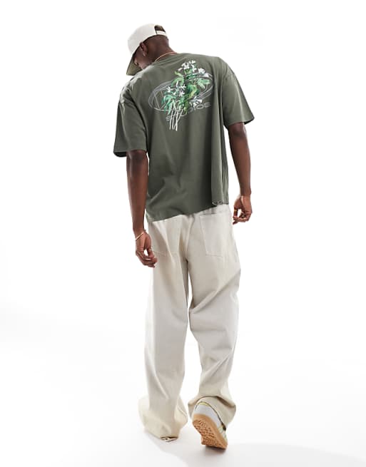 DESIGN oversized t-shirt with floral street graphic in khaki