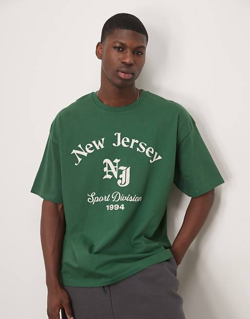 DESIGN oversized t-shirt with front city graphic in dark green
