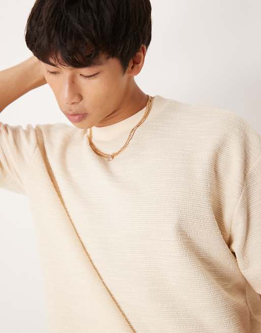 DESIGN Oversized T-shirt With Henley Neck In Cream Boucle