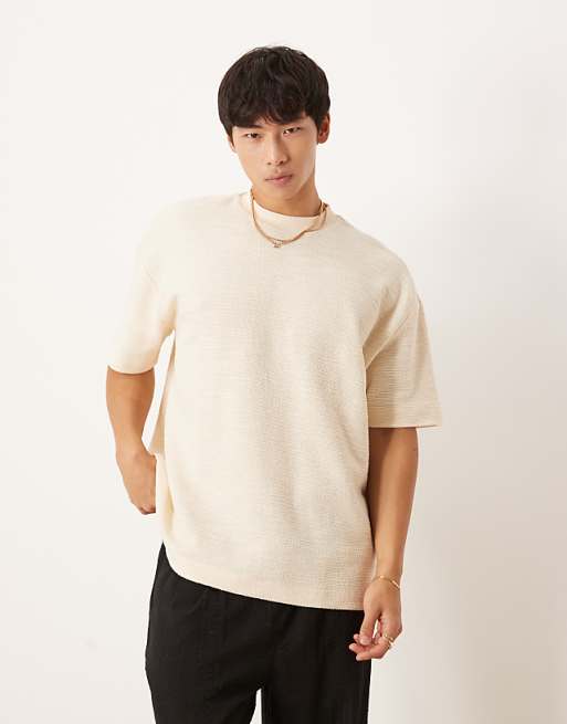 DESIGN oversized t-shirt with henley neck in cream boucle