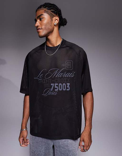 DESIGN oversized t-shirt with Le Marais graphic in black airtex