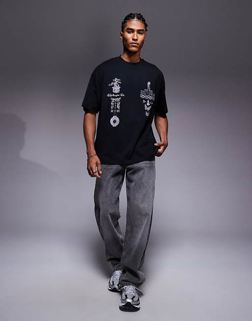DESIGN Oversized T-shirt With Multi-placement Graphic In Black
