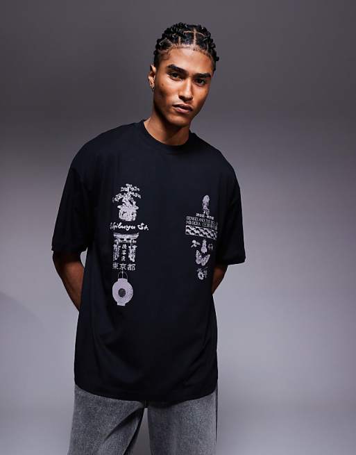 DESIGN oversized t-shirt with multi-placement graphic in black