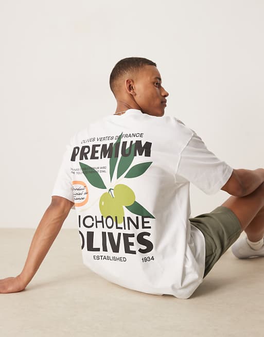 DESIGN oversized t-shirt with olive graphic in white