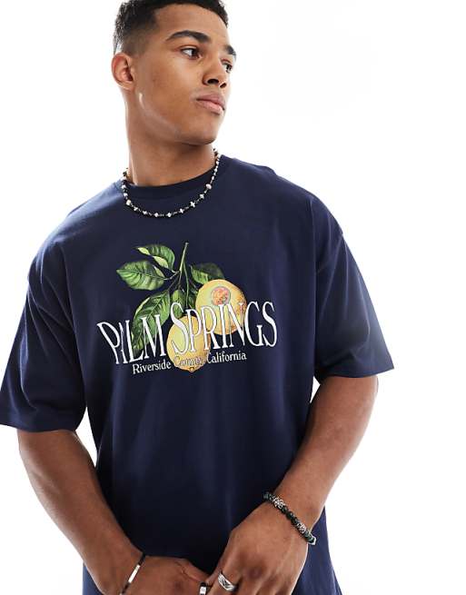 DESIGN oversized t-shirt with Palm Springs graphic in navy