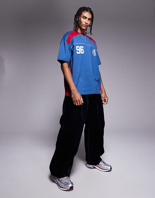 DESIGN Oversized T-shirt With Panelling And Sports Graphic In Blue And Red