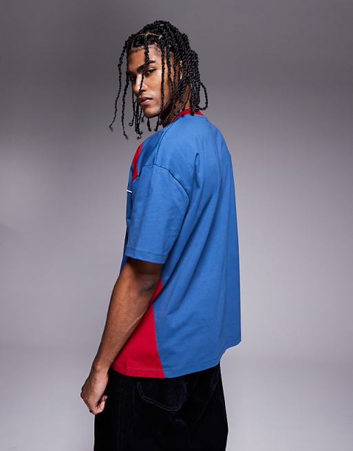 DESIGN Oversized T-shirt With Panelling And Sports Graphic In Blue And Red