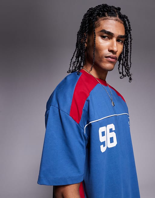 DESIGN Oversized T-shirt With Panelling And Sports Graphic In Blue And Red