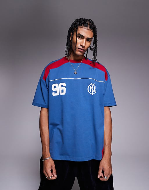 DESIGN oversized t-shirt with panelling and sports graphic in blue and red