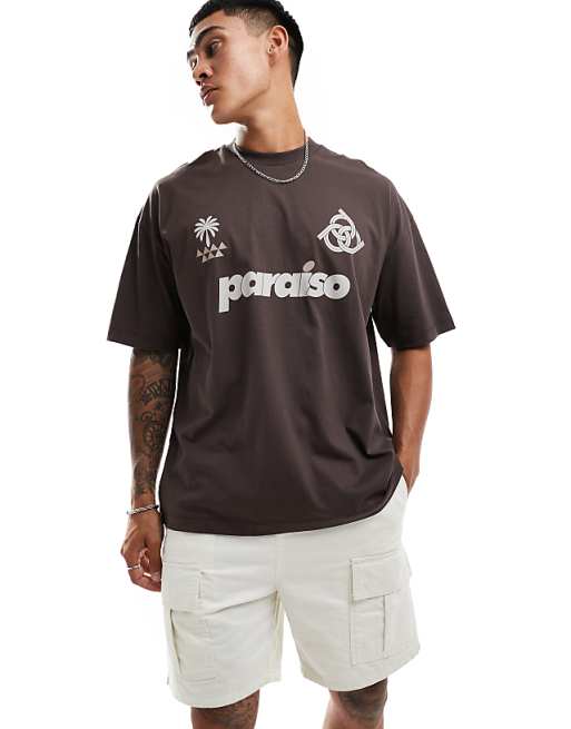 DESIGN oversized t-shirt with paraiso front print in brown