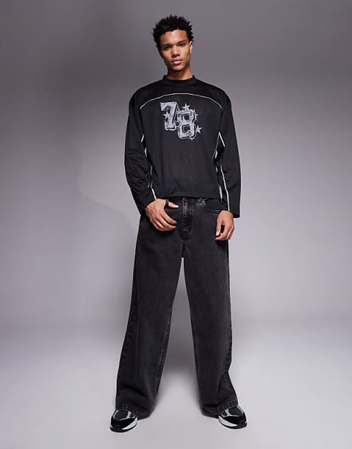 DESIGN Oversized T-shirt With Piping Detail And Number Graphic In Black Airtex