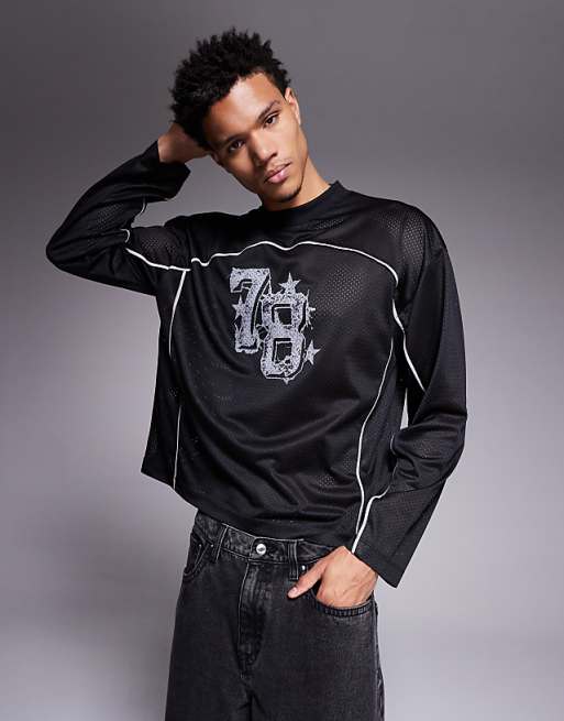 DESIGN oversized t-shirt with piping detail and number graphic in black airtex