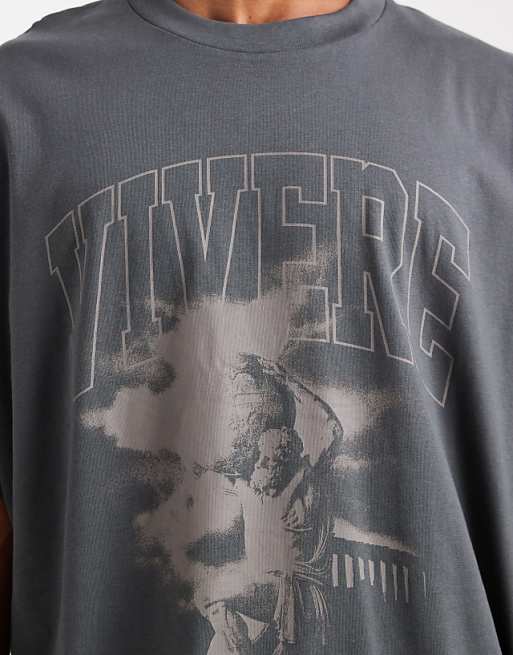 DESIGN Oversized T-shirt With Renaissance Graphic In Charcoal