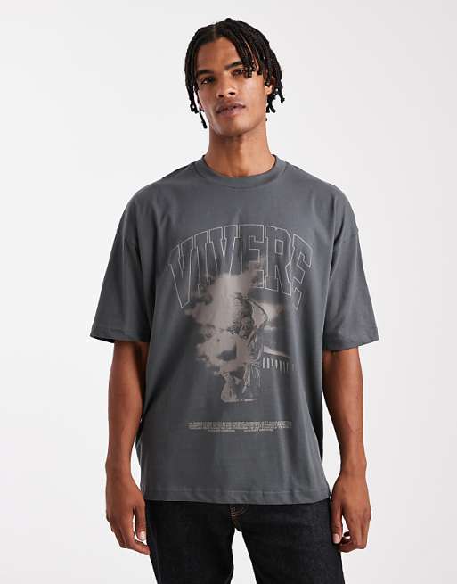 DESIGN oversized t-shirt with renaissance graphic in charcoal