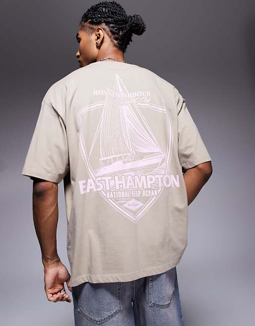 DESIGN oversized t-shirt with sailing graphic in greige
