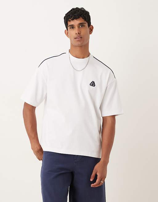 DESIGN oversized t-shirt with shoulder piping and embroidery in white