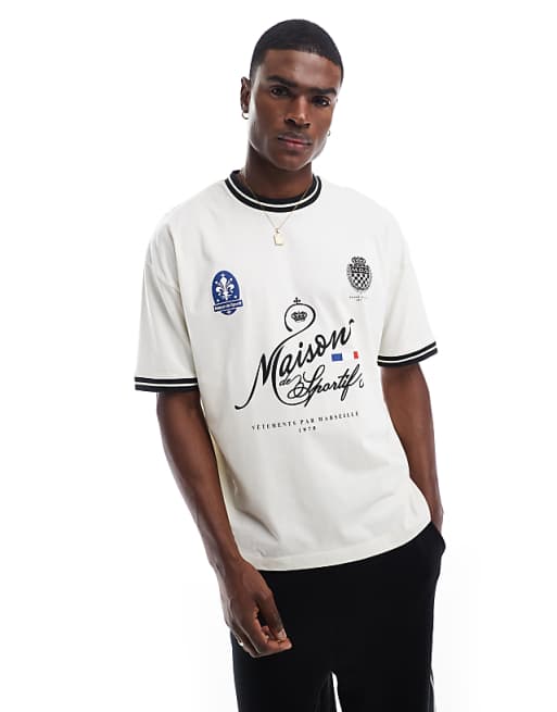 DESIGN oversized t-shirt with sports front print in off-white