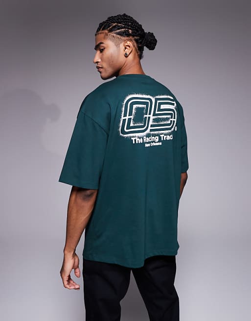 DESIGN oversized t-shirt with sports graphic in dark green