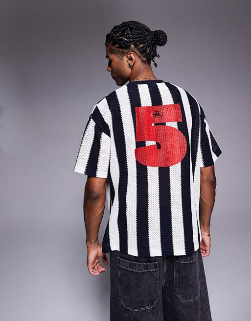 DESIGN Oversized T-shirt With Sports Graphic In Black And White Striped Crochet