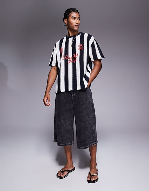 DESIGN Oversized T-shirt With Sports Graphic In Black And White Striped Crochet