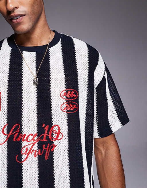 DESIGN Oversized T-shirt With Sports Graphic In Black And White Striped Crochet
