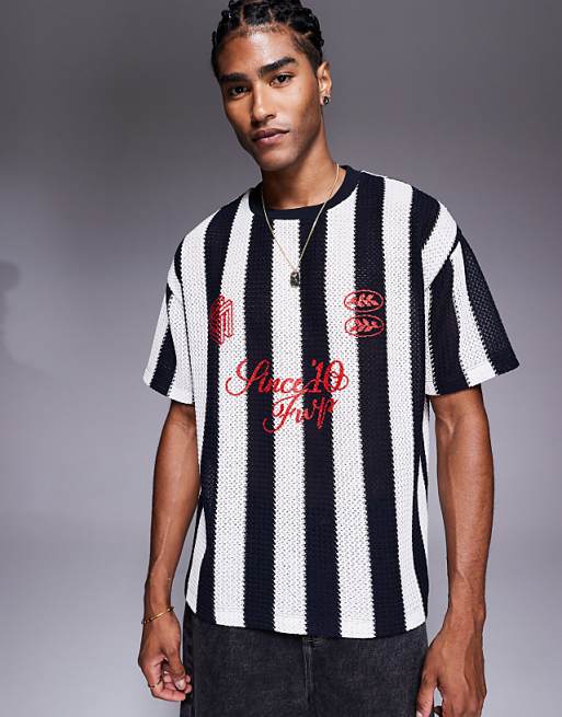 DESIGN oversized t-shirt with sports graphic in black and white striped crochet