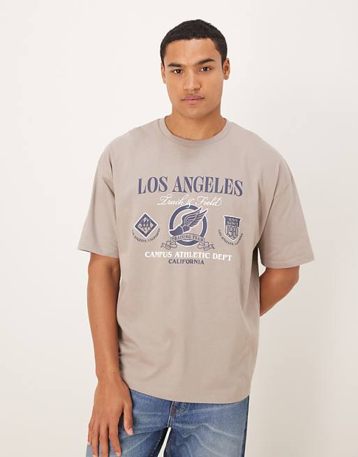 DESIGN oversized t-shirt with sports graphic in light brown