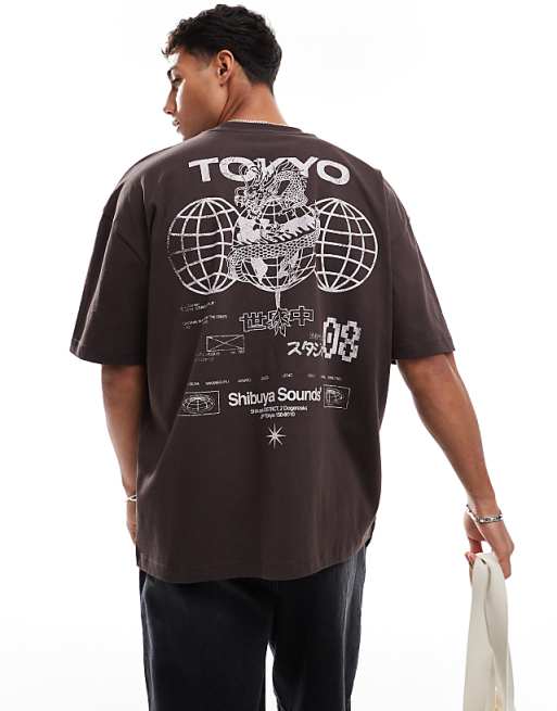DESIGN oversized t-shirt with street graphic in brown